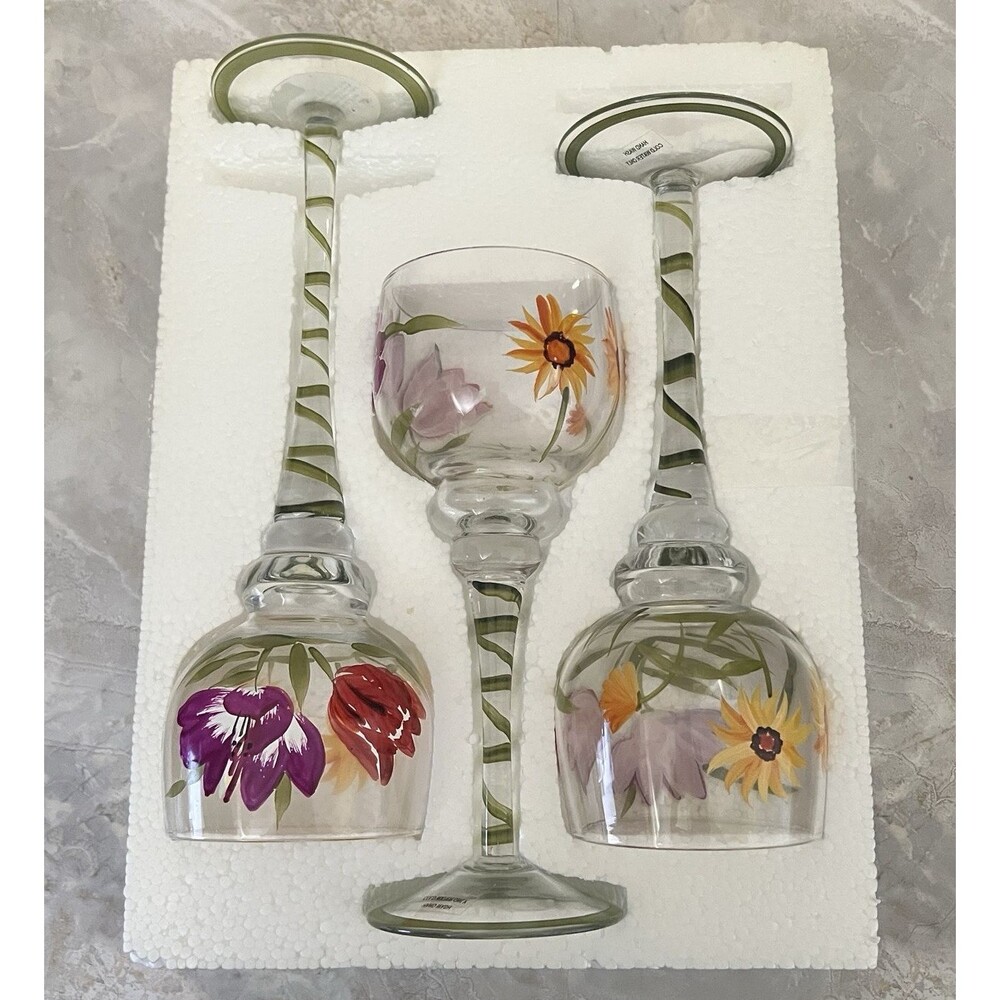 Terra Hand-Painted Mini Floral Hurricanes or Wine Glasses Set Of 3 Candle Holder - Picture 9 of 10